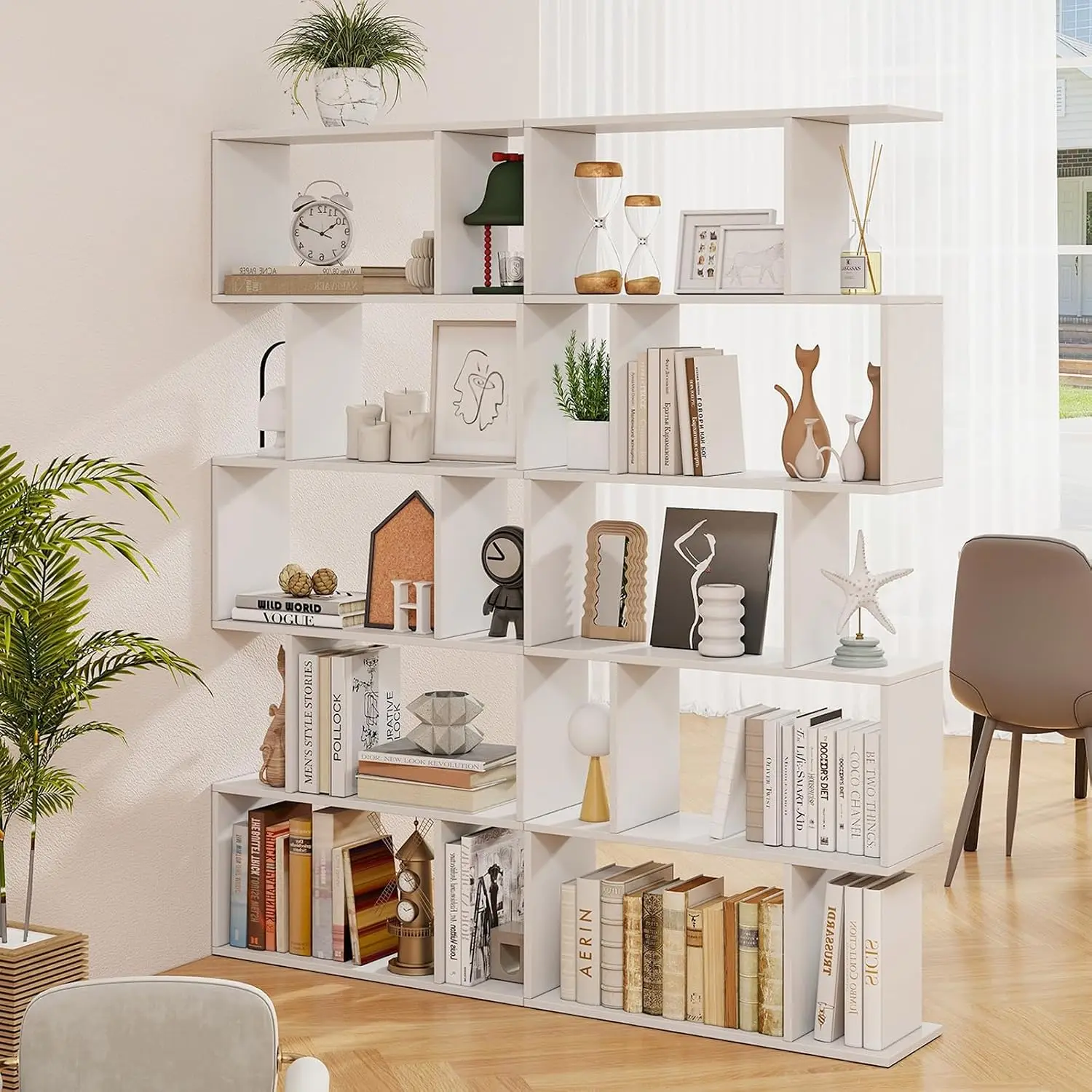 5-Tier Geometric S-Shaped Bookshelf Modern Wooden Storage Shelving Room Divider 62.5
