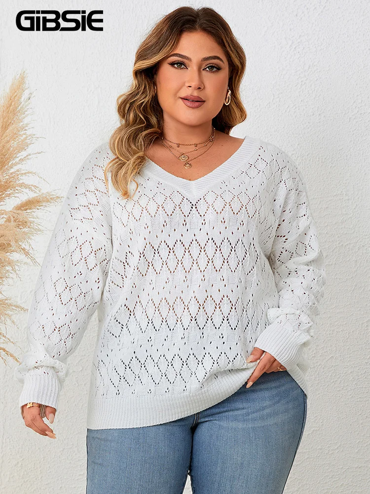 GIBSIE Plus Size White Hollow Out Knitwear Tops for Women Lace Back V Neck Long Sleeve Knitted Pullover Sweaters 2023 Autumn New