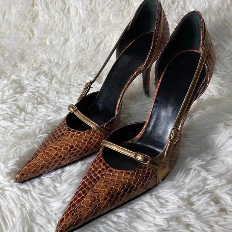 

Новые пикантные женские туфли-лодочки на высоком каблуке со змеиным узором из змеиной кожи, женские модельные туфли, женские туфли с неглубоким носком