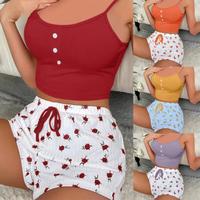 2pcs Set Ladies Homewear Floral Printed Suspender Shorts Casual Pit Stripe Wearable Elastic Waist Shorts Women Pajamas Home