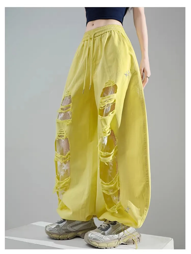 Black White Fuchsia Yellow Hip Pop Dance Pants Lace Splicing Holes High Waist Wide-leg Casual Pants Y2k Loose Flat Trousers