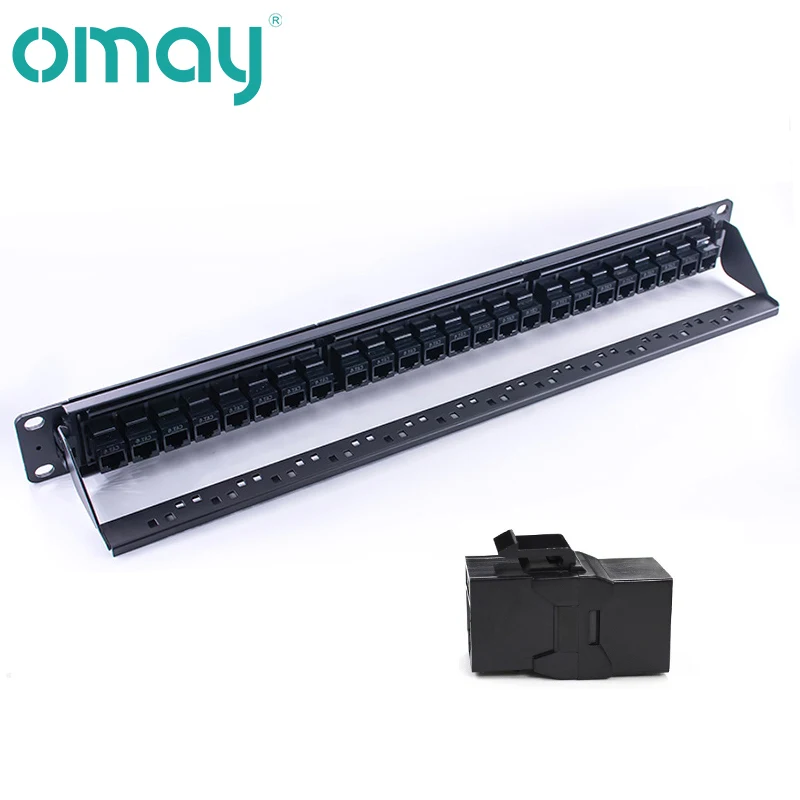24 Port CAT6 Through Coupler Patch Panel RJ45 Network Cable 19in 1U with Back Bar Rackmount  CAT6A UTP Keystone Jack