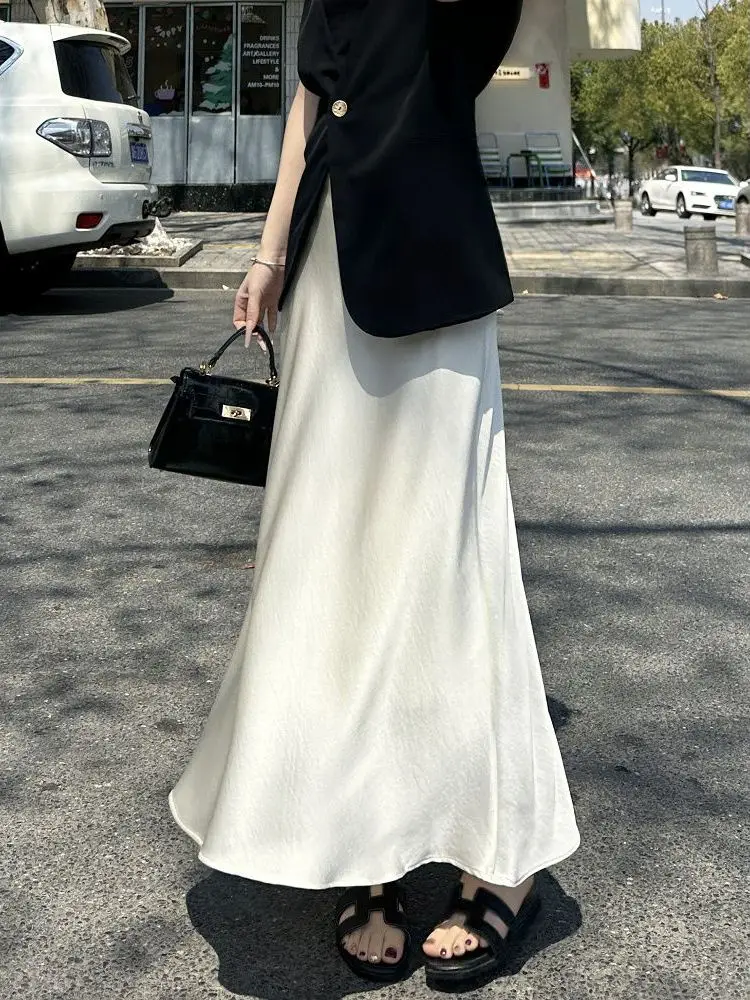 White Satin Half-length Moonlight Skirt Women's Summer New Mid-length Wraparound Fish-tail Skirt Elegant Gold-embossed A-line...