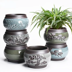 Flower Pot Ceramic Green Plant Chlorophytum Potted Retro Home Succulent Purple Sand Clay Pot Balcony Decoration Ornaments