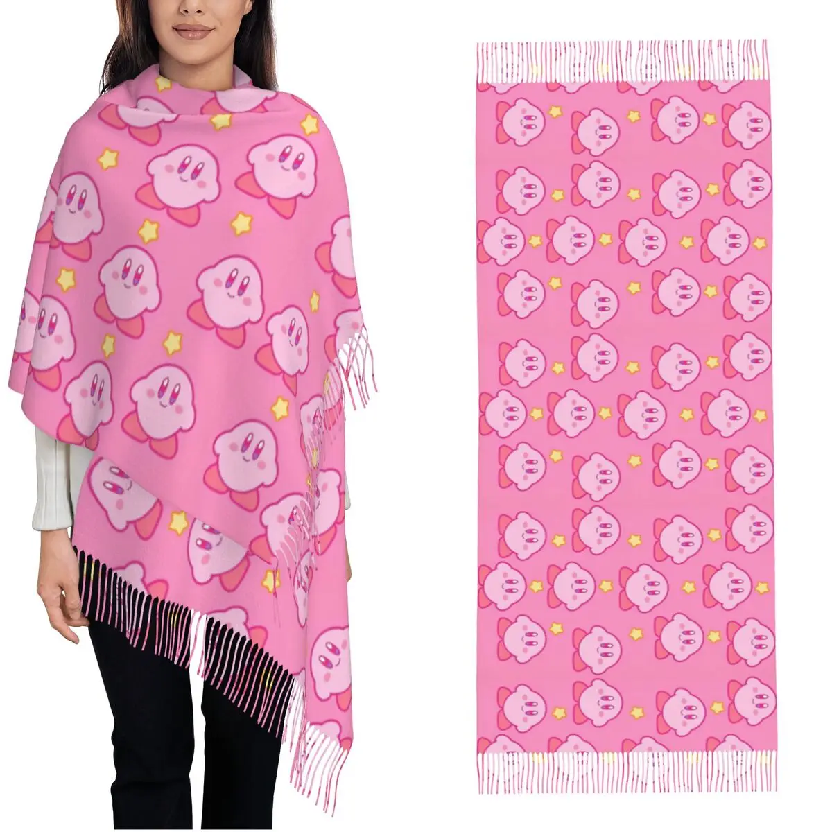 K-Kirbys Cartoon Stars Kawaii Shawl Wraps Womens Winter Warm Long Soft Scarf Anime Game Cute Pashmina Tassel Scarves