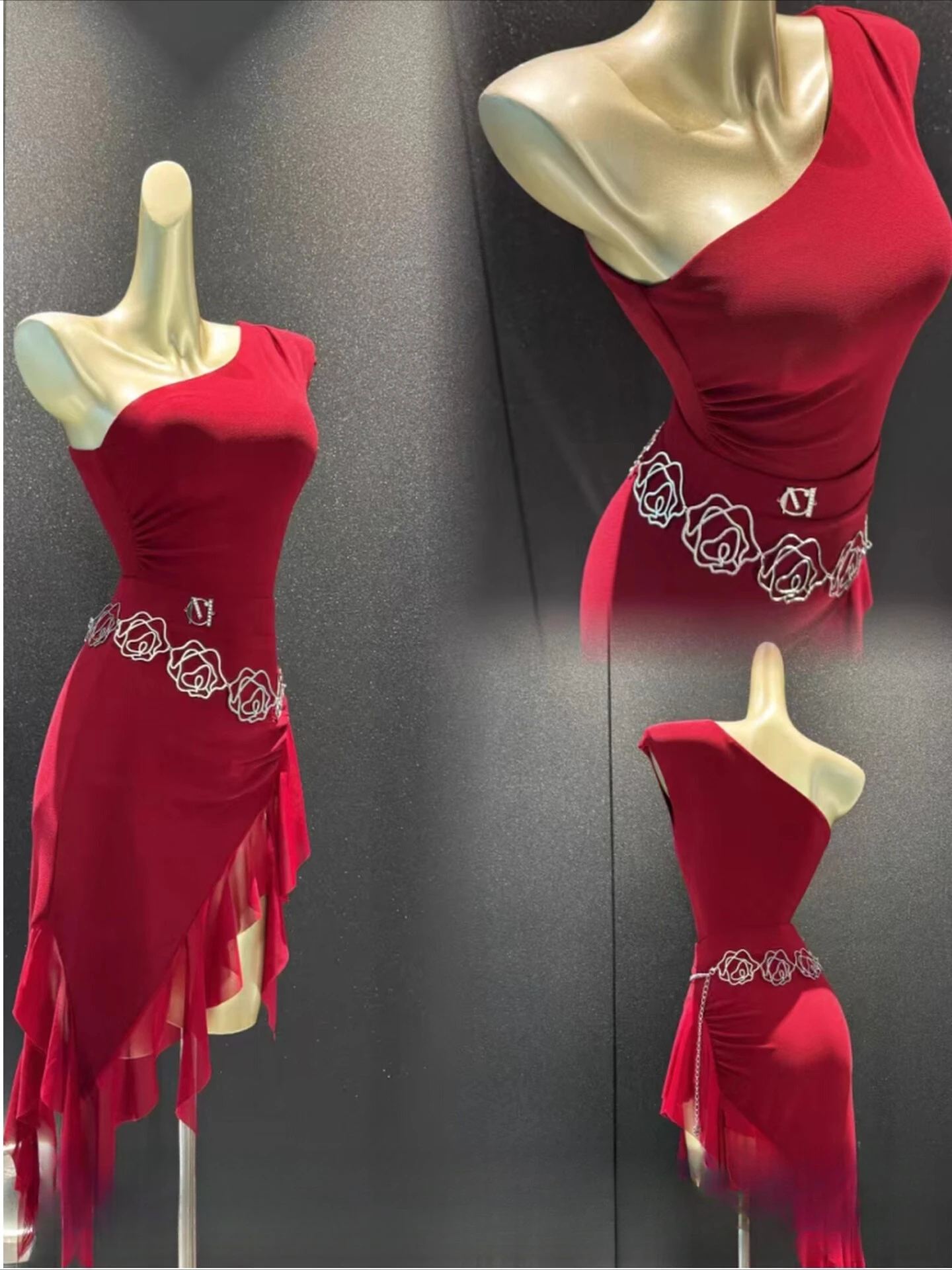 

UK Latin Dance Dress One-Shoulder Red Two-Piece Set Slim Fit for Women Practice & Performance Ballroom dance costumes