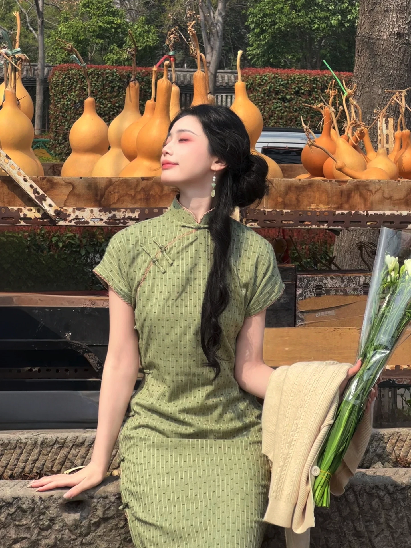 Green Traditional Full Open-Front Renovated  Women's Summer New Chinese Style 2026 New Model Breathable Short Sleeve...