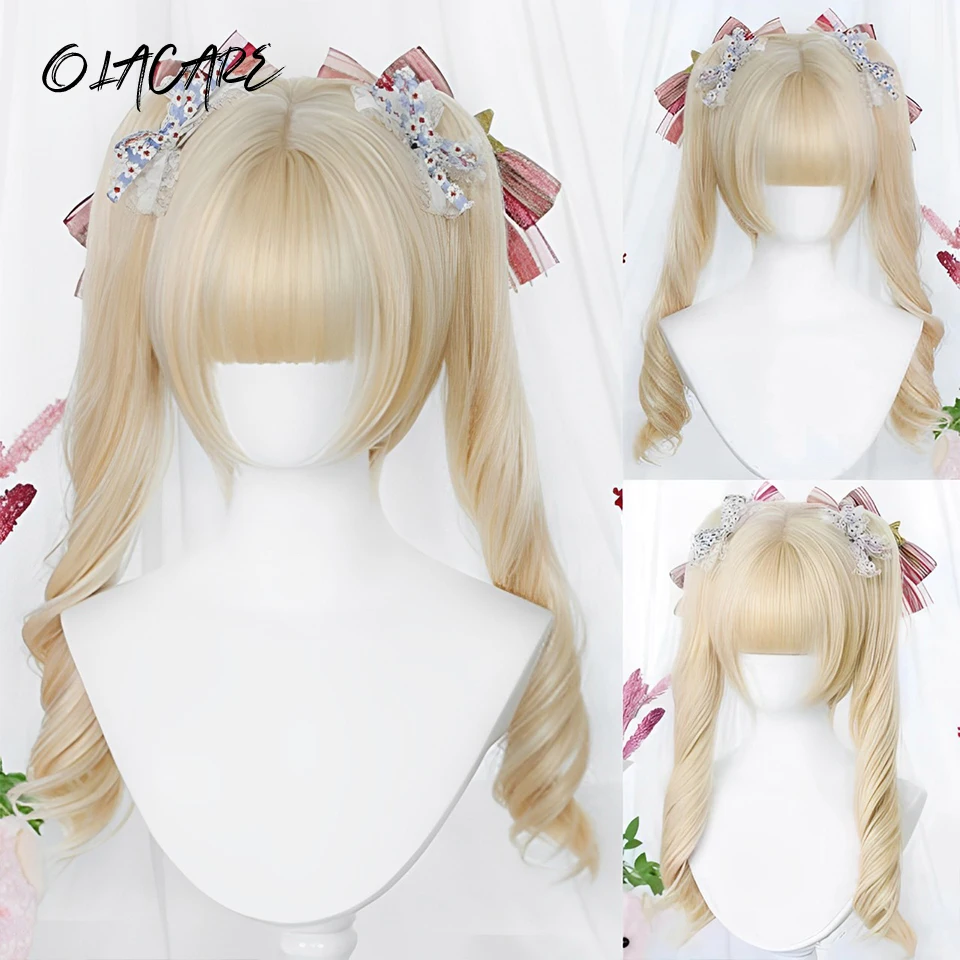 OLACARE Blonde Wig Long Wavy Synthetic Wig with Bangs Curly Mixed Golden for Women Cosplay Party Daily Use Heat Resistant