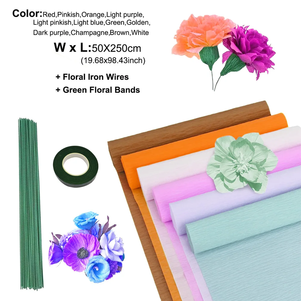 

2 Rolls Crepe Paper, 50x250cm Wrinkled Streamers for DIY Flowers, Birthday Wedding Party Decoration with Floral Wires & Tape