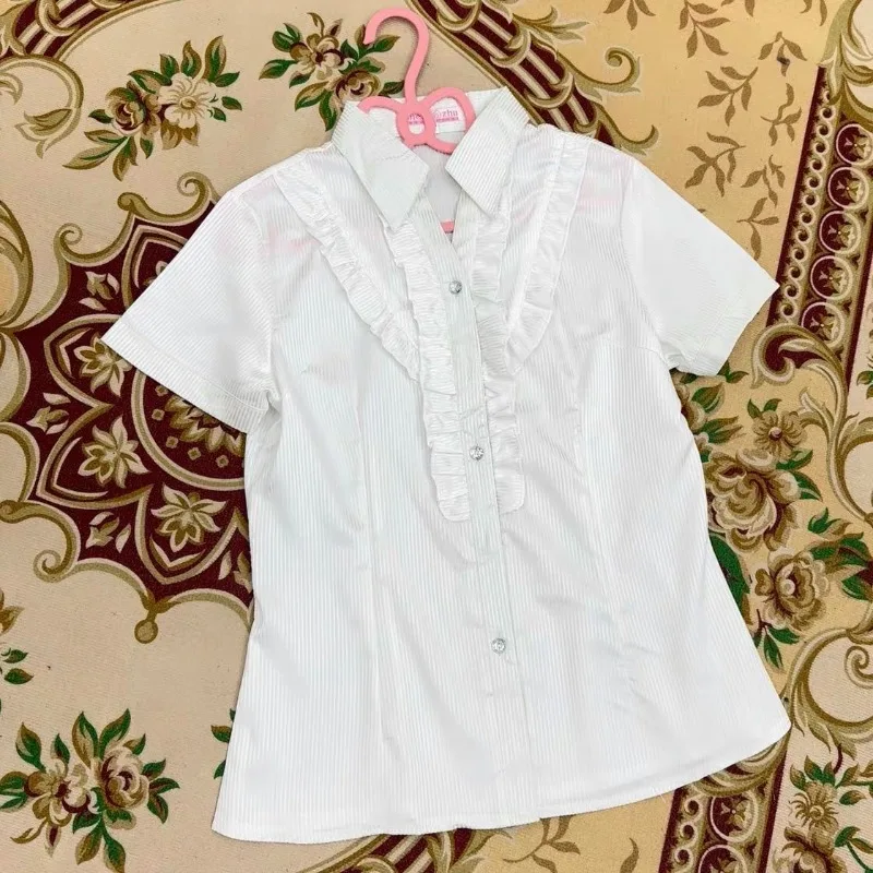 White Preppy Edible Tree Fungus Y2k Chemises Turn Down Collar Ruffles Ruched Camisas Women Lolita Style Shirts Japanese