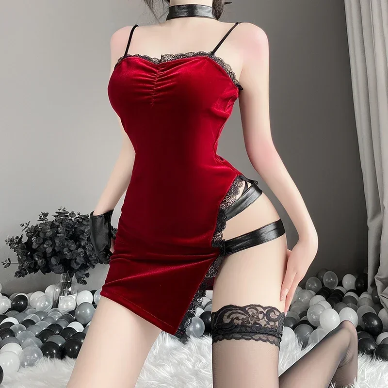 Chinese Cheongsam Uniform Cosplay Naughty Women Sexy Lingerie Sleeveless Bodycon Dress with Panties+Neck Ring+Gloves Set
