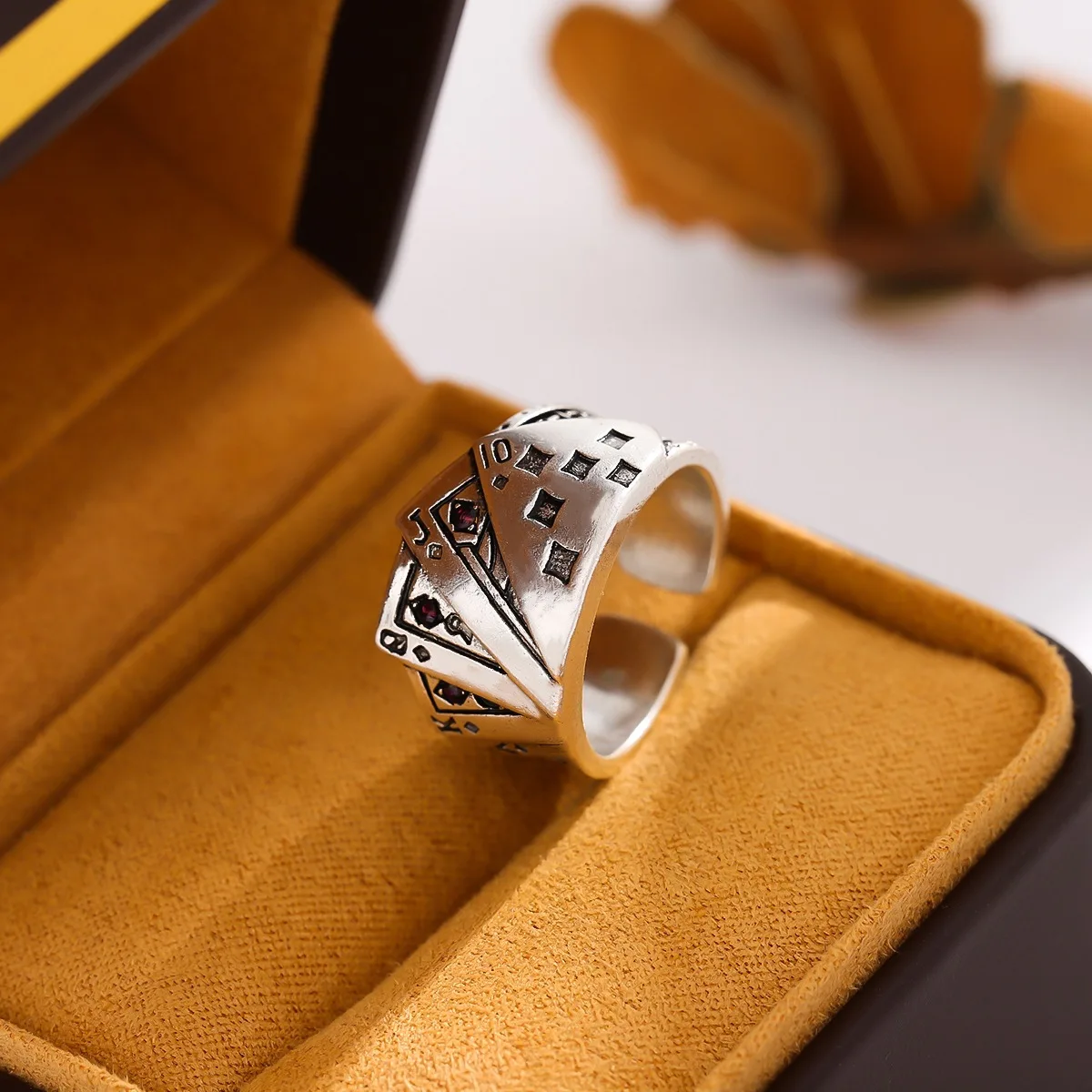 الإبداعية مستقيم فلوش بطاقات للعب 925 فضة مجوهرات شخصية الاستبداد الرجعية هندسية افتتاح خواتم R291 #3