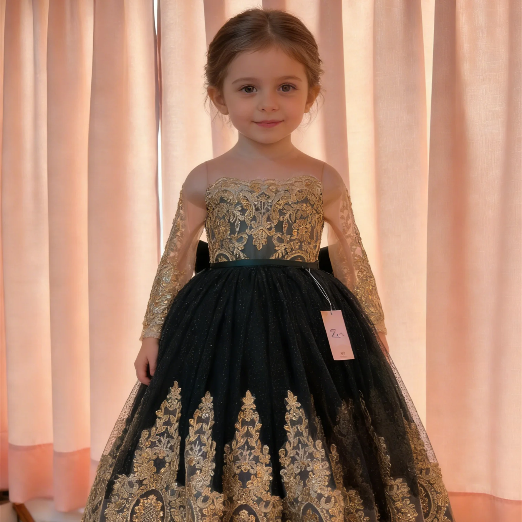 Customized Flower Girl Dress for Wedding Appliques Bow Long Sleeve High Waist Floor Length Kids Birthday First Communion Gown