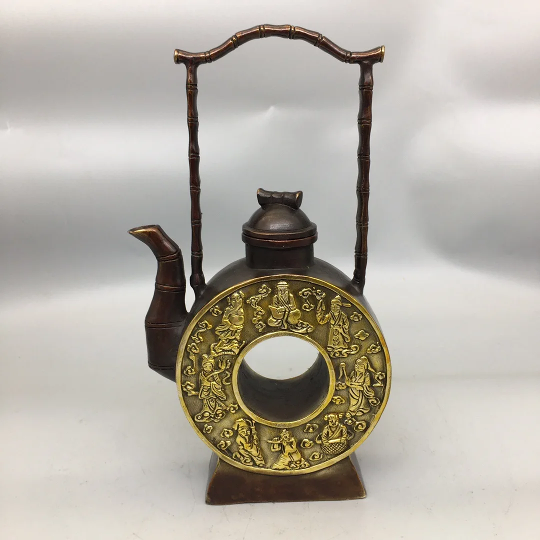 

Pure copper gilt eight immortals eight treasures flat pot teapot pulp handicrafts home copper ornaments collection