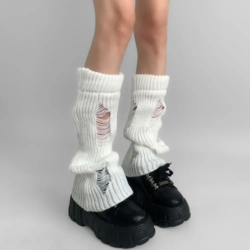 Elastic Ripped Leg Warmers Women Pile Up Subculture Knitted Broken Hole Socks Stockings Warm Foot Cover Y2K Streetwear