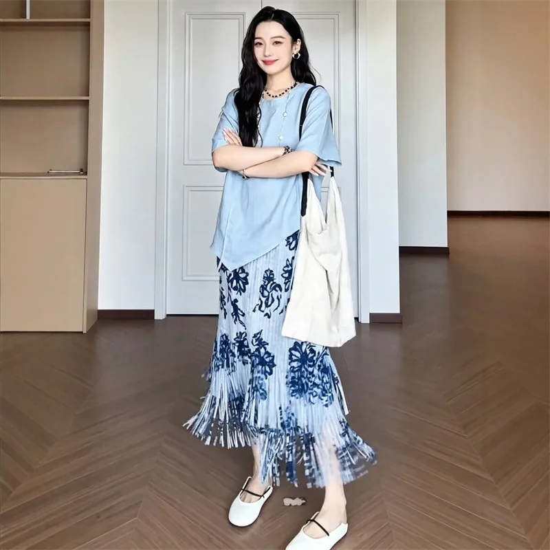 Miyake Pleated 2026 Summer New Blue Pleated Tassel Skirt Women High Waist Slimming Fashion Versatile Straight Skirt Long Skirt