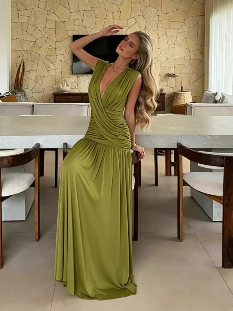 Elegant Women Solid Sleeveless Deep V Wrap Maxi Dress Ruched Waist Cross Front  Pleated Dresses Summer Lady Party Vacation Gowns