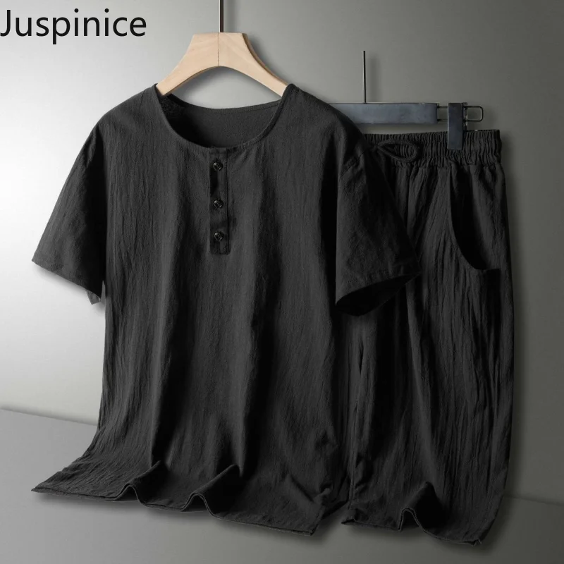 

Juspinice Men's Sports Suits Solid Cotton and Linen Loose Short Sleeve T-shirts Wide Leg Oversize Shorts Retro Two Piece Sets