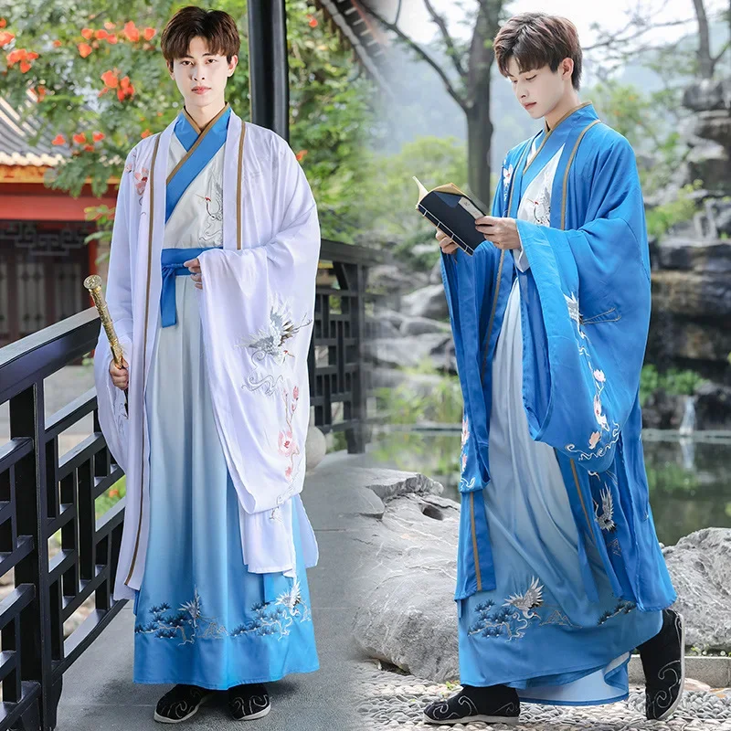 

Original WeiJin Dynasty Hanfu For Men Chinese Crane Embroidery Gradient Blue Hanfu Dress Adult Cosplay Costume Plus Size S-5XL