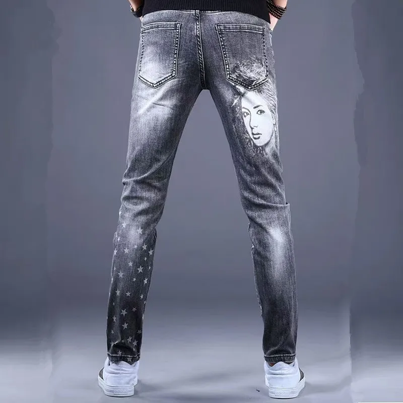 Y2K Spring New Men Beauty Printed Jeans Fashion Slim Small Feet Cargo Jean Pants Brand Quality Man Denim Trouser Pantalon Homme
