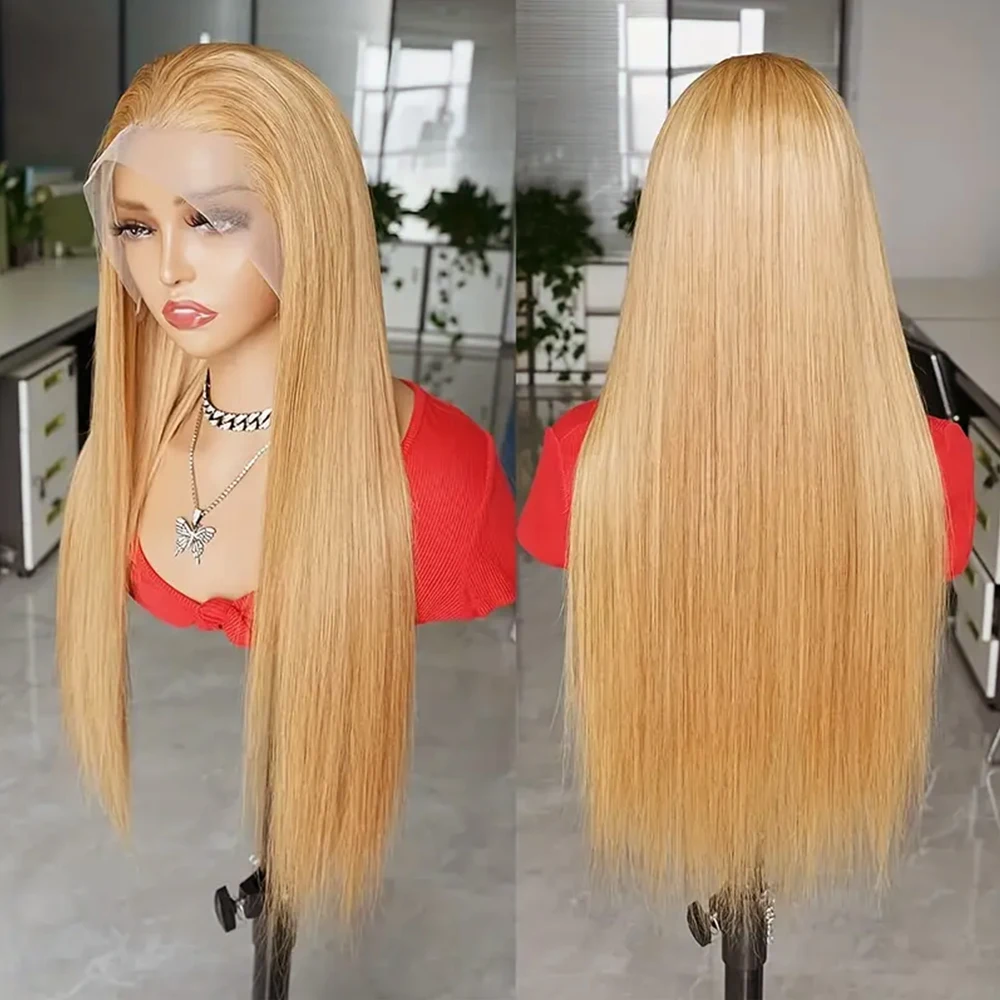 شعر مستعار بشري مفرود أشقر عسلي 13x6 شعر مستعار بدانتيل أمامي 13x4 دانتيل أمامي شفاف # 27 خط شعر من الدانتيل مسبقًا