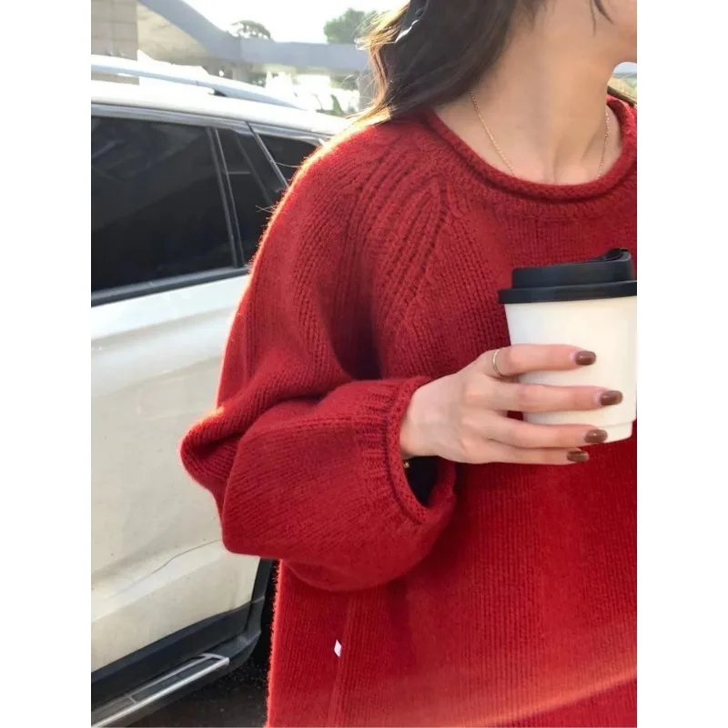 Jersey de punto coreano para mujer, jersey de cuello redondo de manga larga, abrigo suelto, Tops cortos, Otoño e Invierno