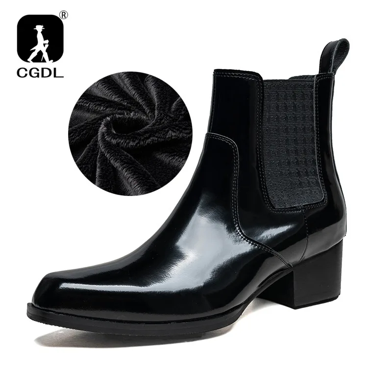 Autumn Winter New Mens 5 CM High Heels Warm Genuine Leather Ankle Boots Shoes Men Business Dress Work Boots Black Wedding Shoes