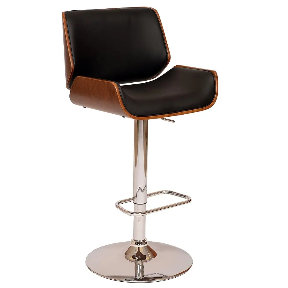

London Modern Adjustable Height Swivel Bla Faux Leather And Walnut Wood Bar Stool With Chrome Base For Kitchen Island Counter