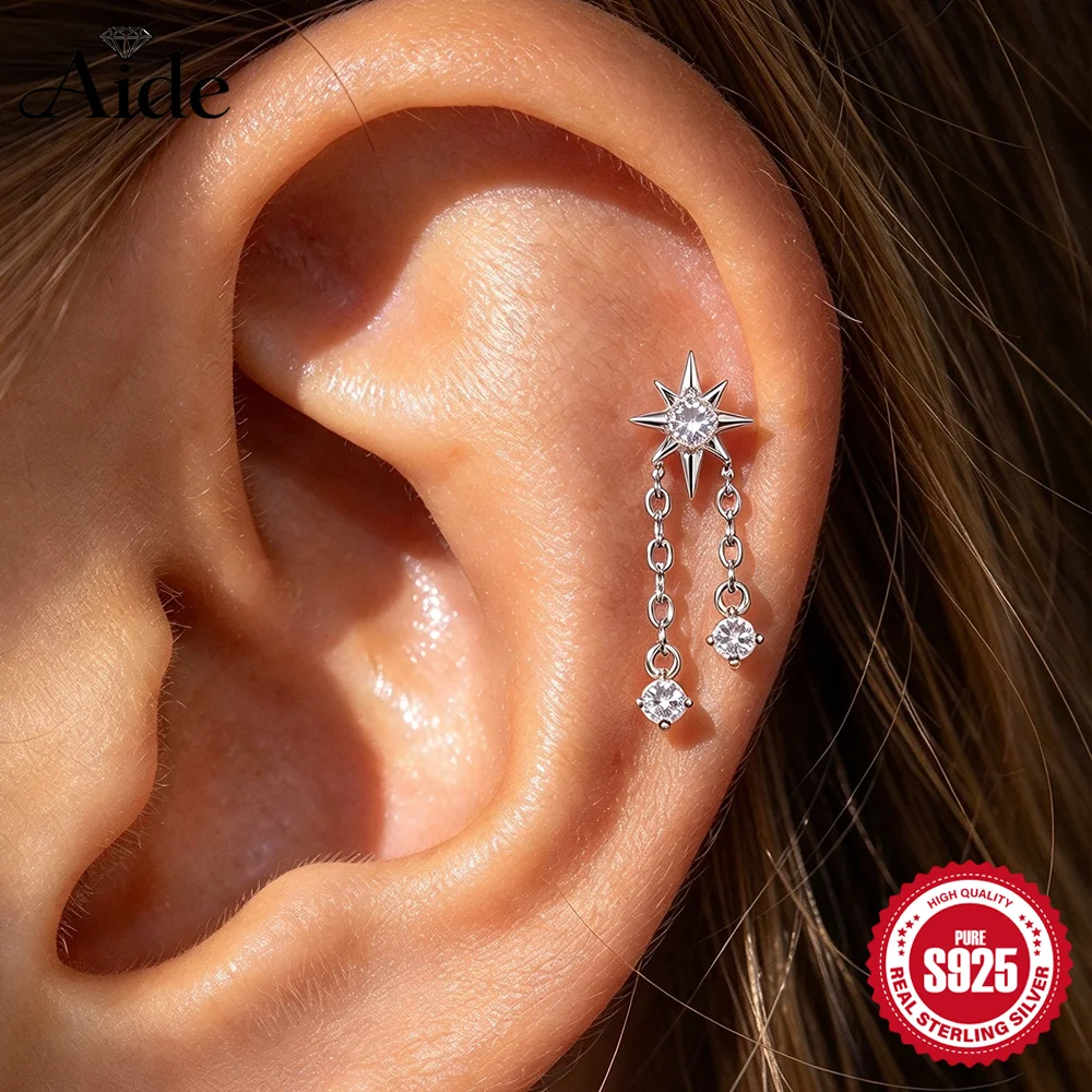 AIDE 1pc 925 Sterling Silver Eight Pointed Star Chain Tassel For Women Ear Cartilage Helix Piercing Classic Geometric Pendant