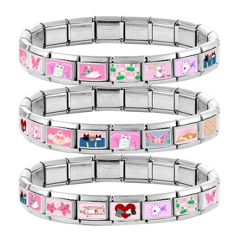 Wholesale Fashion Kawaii Cute Lying Cats Italian Charm Link Fit 9mm Bracelet Stainless Steel Jewelry DIY Making Gift for Women
