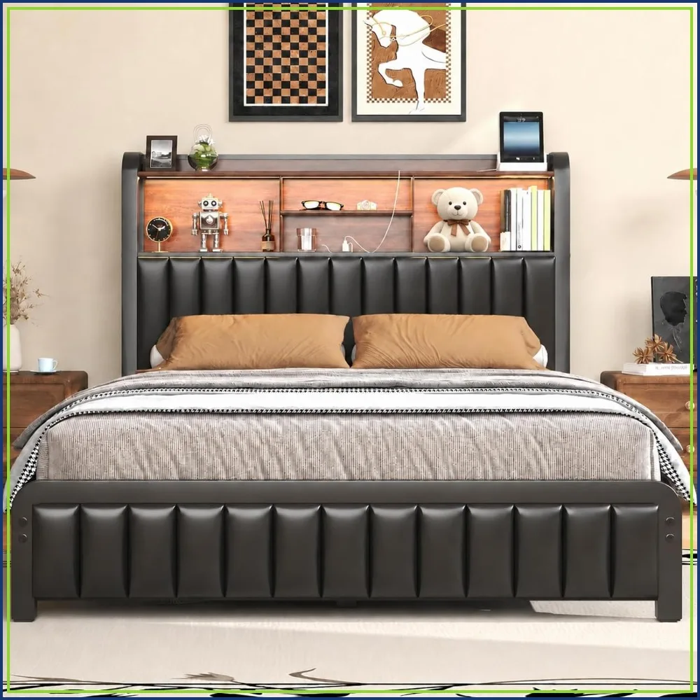 Queen Size Bed Frame, 3-Tier Storage Headboard with LED Lights, Black Charging Station, PU Leather, 54.3’’Tall, Under-Bed Storag