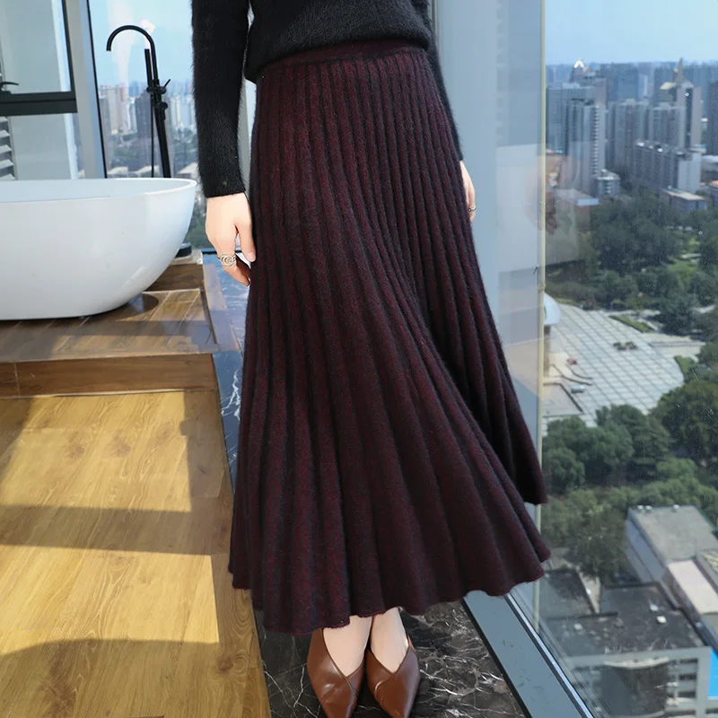 

Autumn And Winter Fashion Mink Cashmere Long Waist Slim Skirt Female A-Knit Umbrella Skirt Fashion Pleated Skirt