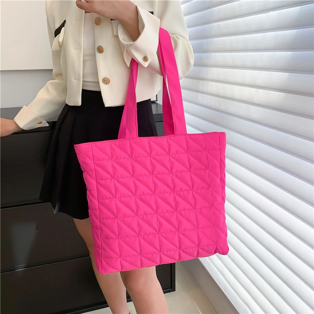 Casual Ladies Tote Handbags Rhombus Pattern Cotton Padded Top-handle Bags Large Capacity Solid for Travel Work Female Purse