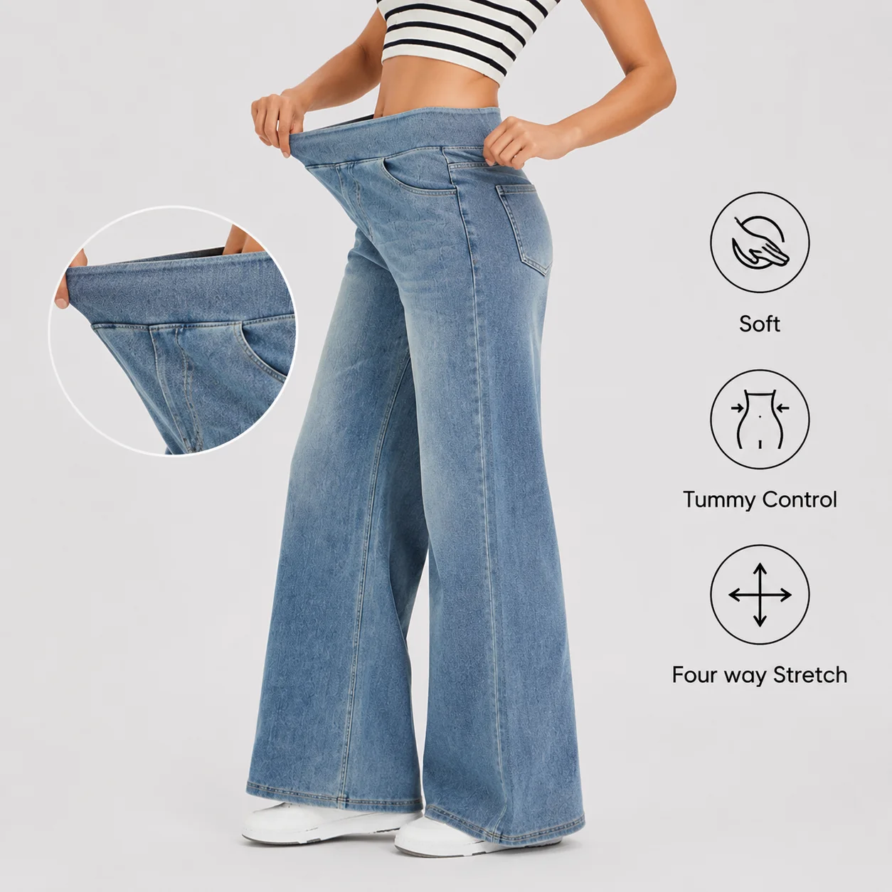 Smoothscape Women’s Fashion High Waist Stretch Wide Leg Jeans Pull On Elastic Waist Soft Denim Pants Loose Fit Casual Blue Jeans