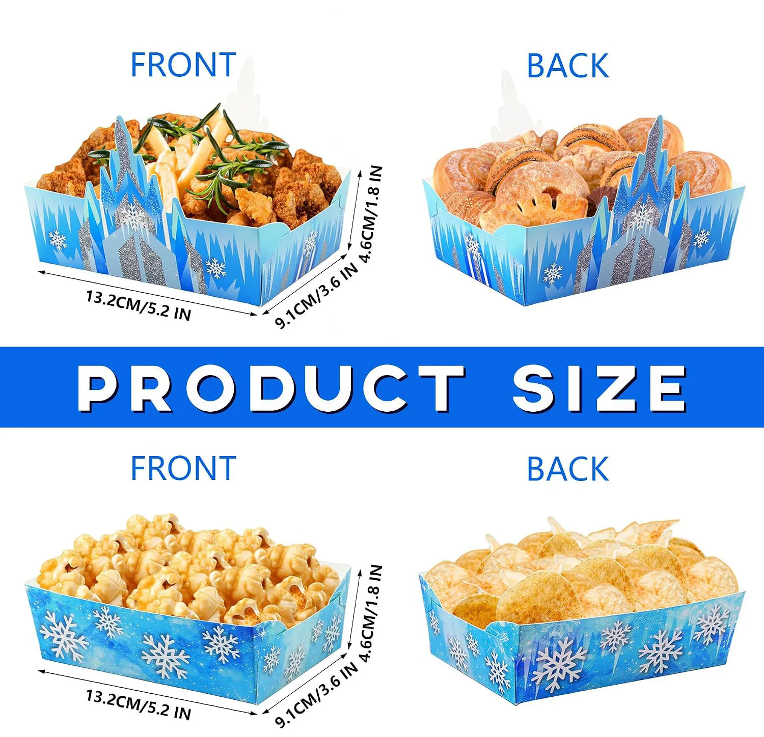 Snowflake Paper Food Trays Castle Food Serving Boat Winter Snow Nacho Trays Disposable Snack bowl for Winter Wonderland Party