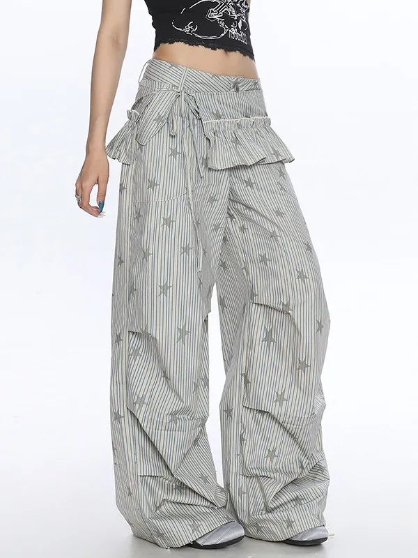 Women American Retro Stripe Pants 2000s Baggy High Street Long Trousers Wide Fit Y2k Harajuku Japanese Loose Casual Pants Punk