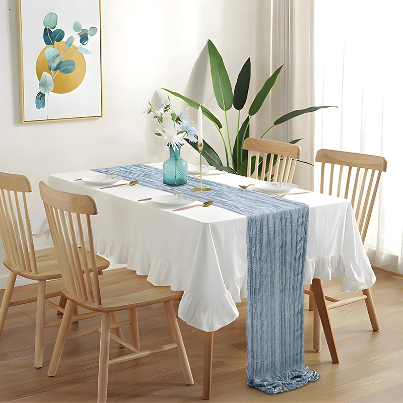 1pc Dusty Blue Boho Style Cheesecloth Table Runner Perfect for Thanksgiving Baby Shower Tablecloth Overlay Chic Home Décor image 6