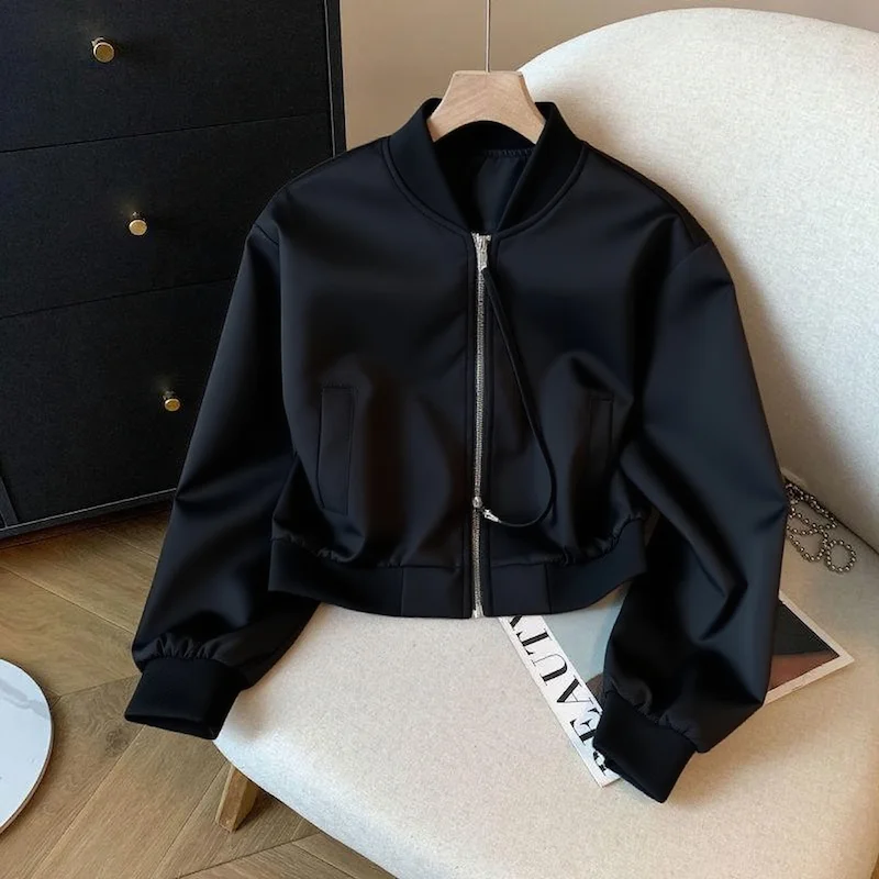 معطف American Sle Baseball Jaet للسيدات للخريف والشتاء كاجوال مستدير Ne فضفاض للتخسيس معطف جلدي متعدد الاستخدامات