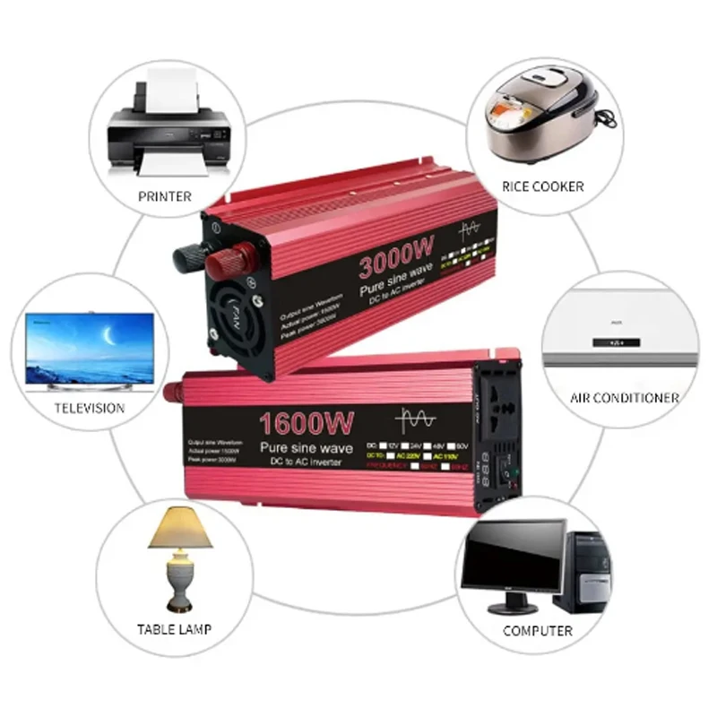Pure Sine Wave Inverter DC 12V/24V To AC 110V/220V 1000W 1600W 2000W 2200W Portable Power Bank Converter Solar Inverter