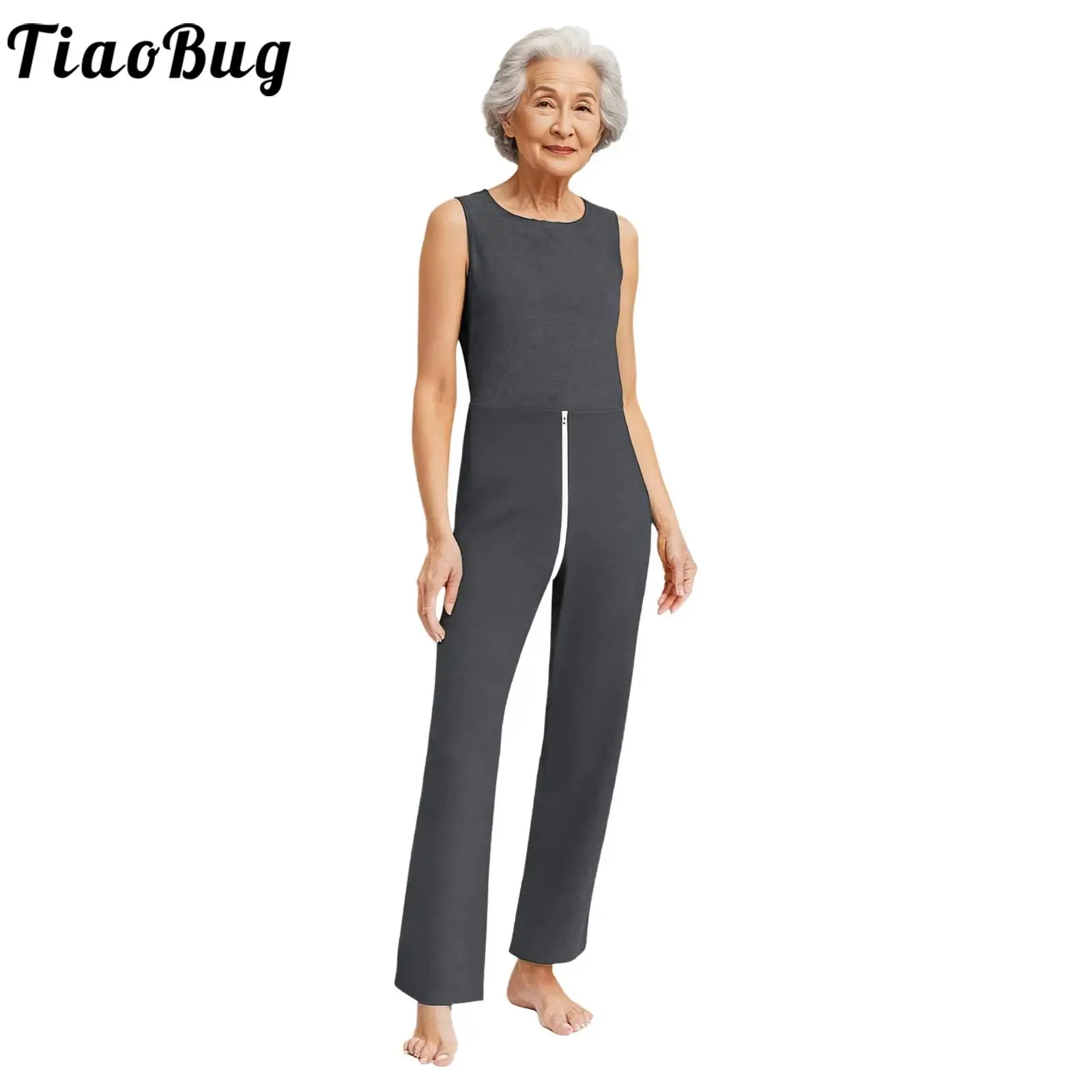 

Women Men Anti-Strip Adaptive One-piece Jumpsuit Crew Neck Sleeveless Double-end Zipper Long Pants Rompers for Elderly Patient