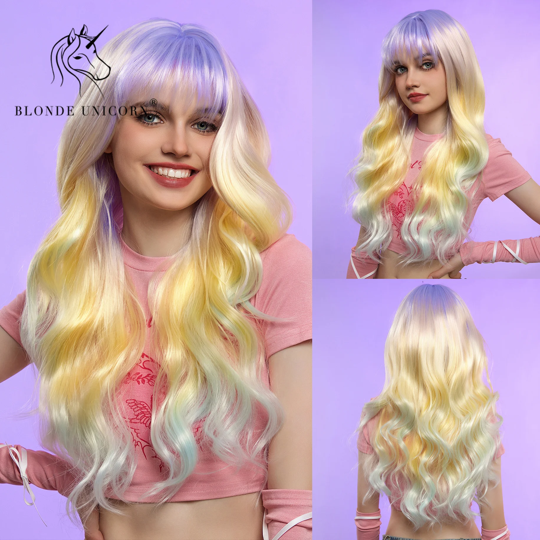 

Blonde Unicorn Synthetic Long Wavy Wig Purple Yellow Blue Green for WOMEN Cosplay halloween Wigs Heat Resistant Fiber Bangs Hair