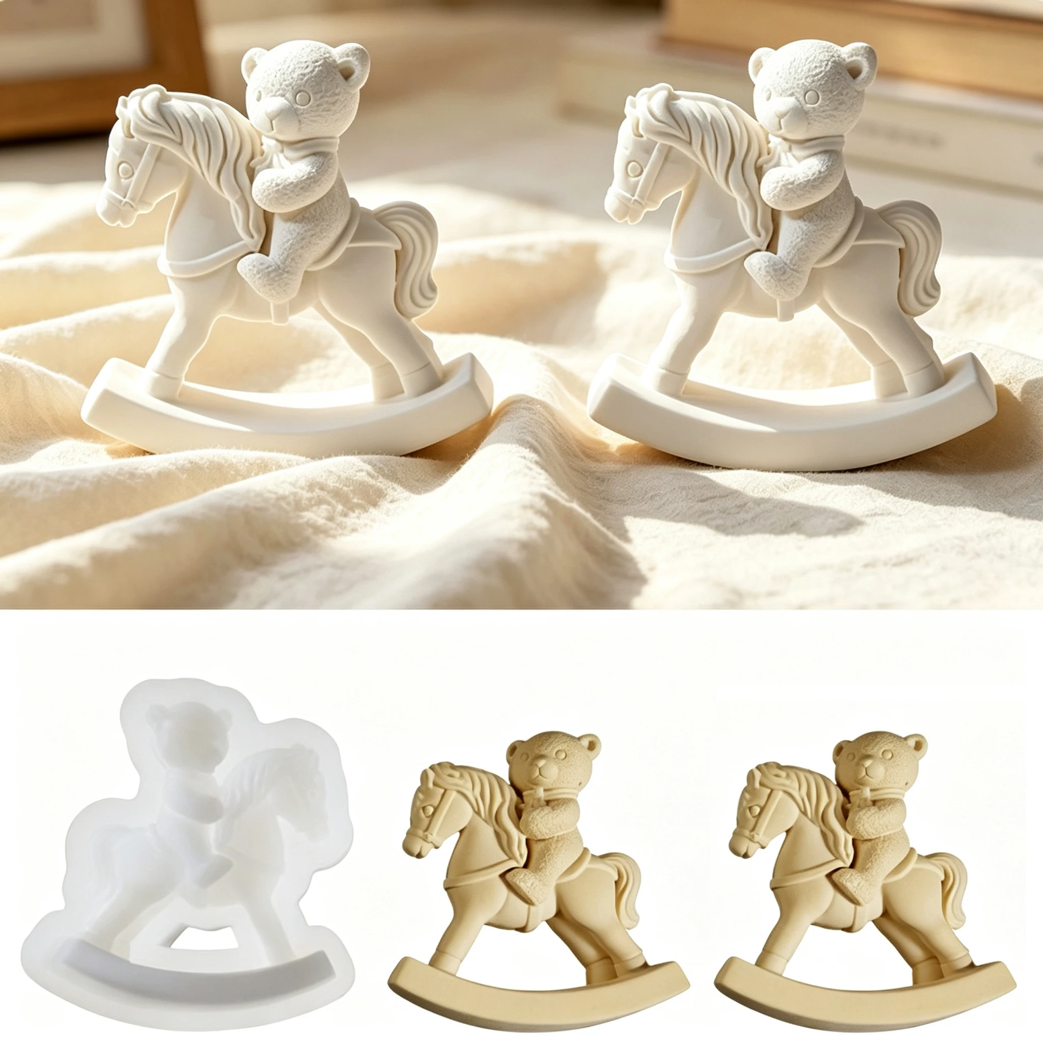 3D Rocking Horse Bear Candle Silicone Mold DIY for Aroma Plaster Resin Soap Wax Handmade Craft Home Decor Gift