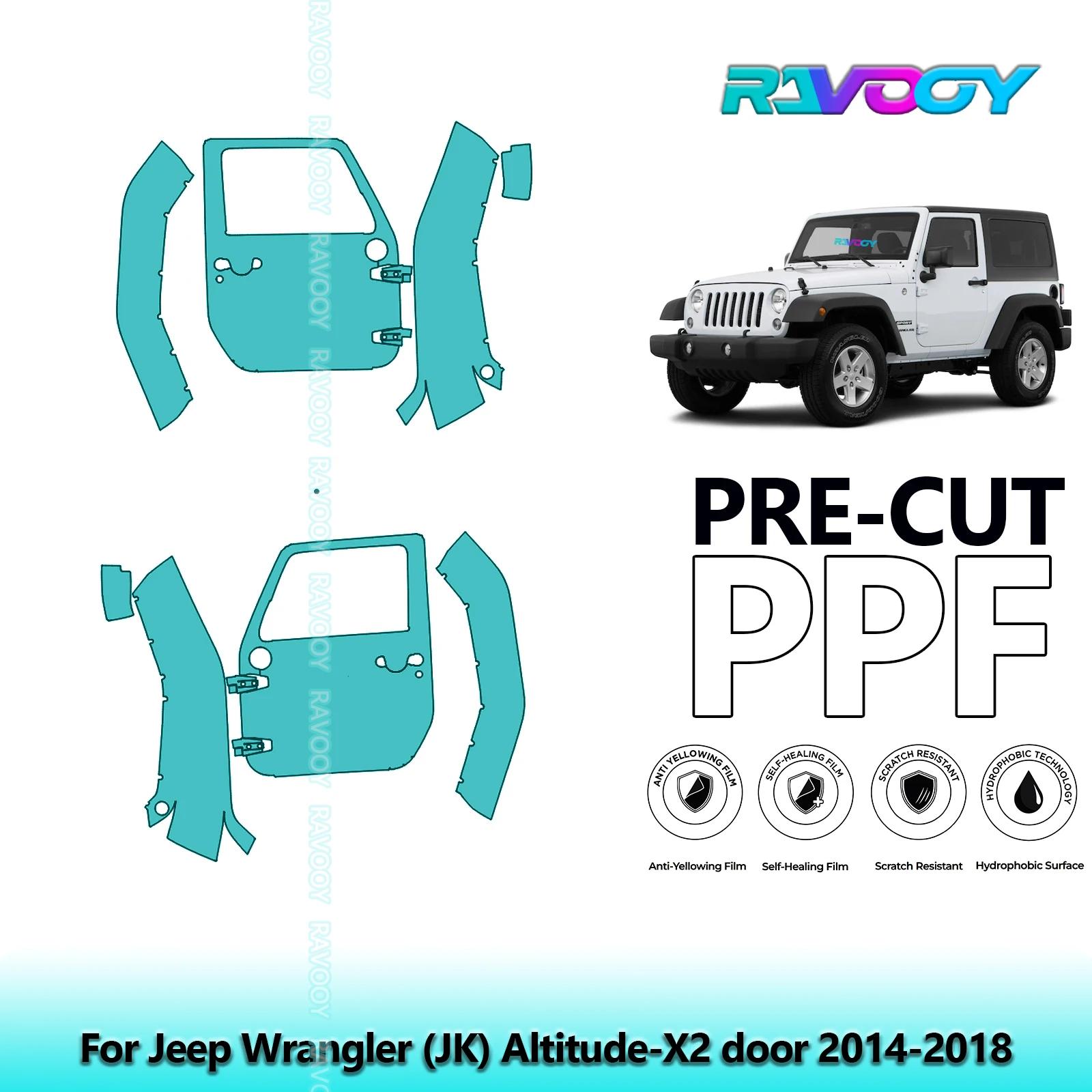 

For Jeep Wrangler (JK) Altitude-X2 door 2014-2018 8.5mil Pre-Cut PPF Door & A/B Pillar Kit TPU Paint Protection Film Set