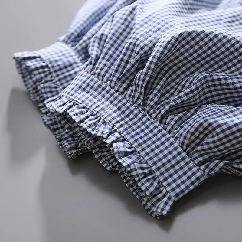 Women's Clothing Spring Summer 2024 Tops Vintage French Lantern Sleeve Elegant and Youth Woman Blouses Lace Blue Plaid Shirt