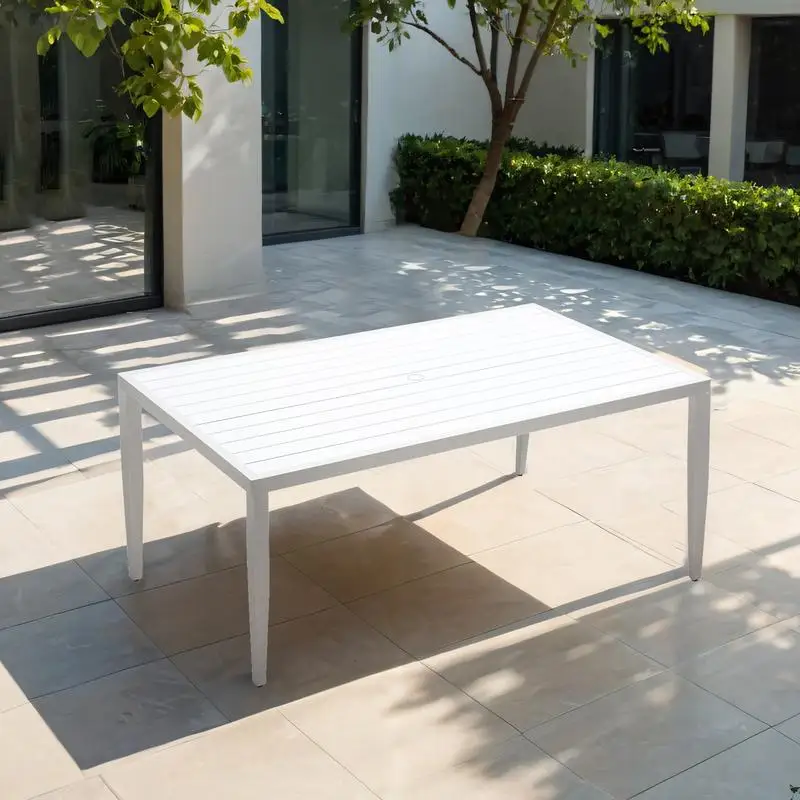

Outdoor Aluminum Rectangle Dining Table 40"x70" with Two-tone Top, Tapered Legs & Umbrella Hole, Matte White & Gray