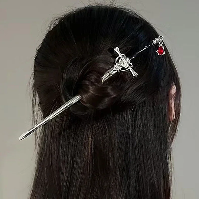 

Creative Sword Ruby Pendant Hairpins Vintage Chinese Style Sword Hair Sticks Punk Hairpin Women Trendy Hair Pin Dish Accessories