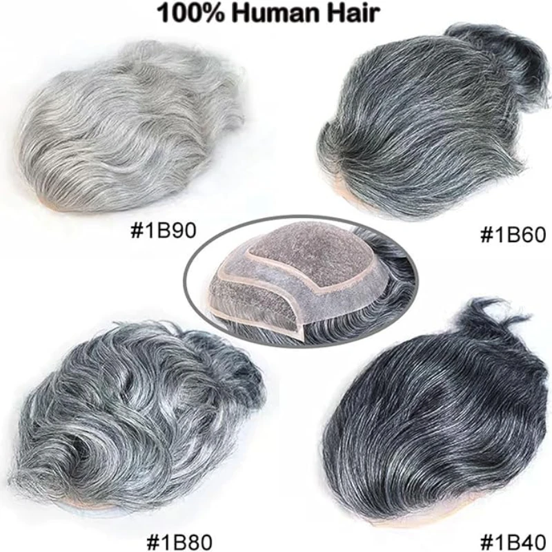 نظام مزج الشعر الرمادي للرجال، قاعدة أحادية للشعر البشري مقاس 8 × 10 بوصة |   للتجمعات العائلية الألوان 1B80 4T613 #3