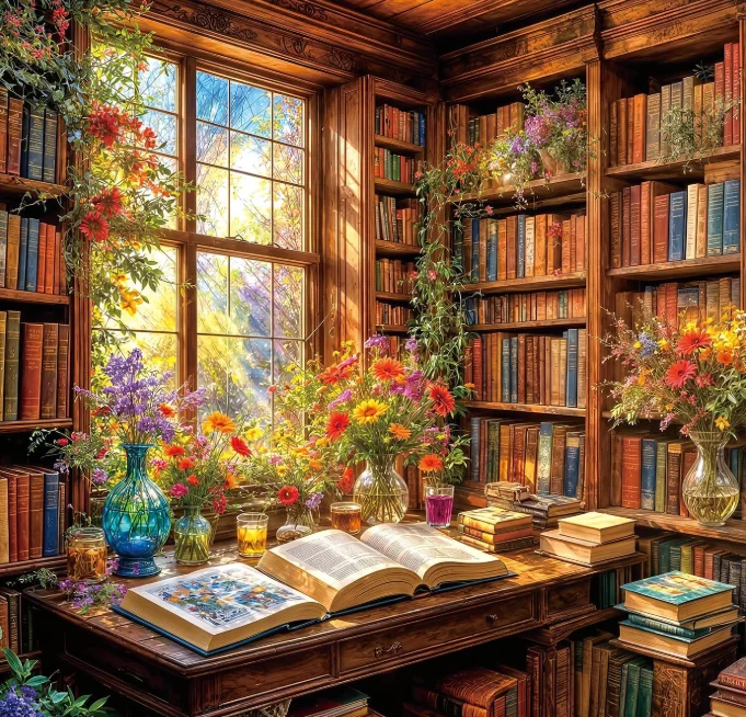 500PCS/1024 PCS Library Jigsaw Puzzle DIY Handmade Warm Reading Room Vintage Books And Blooming Wildflowers Wall Art Gift