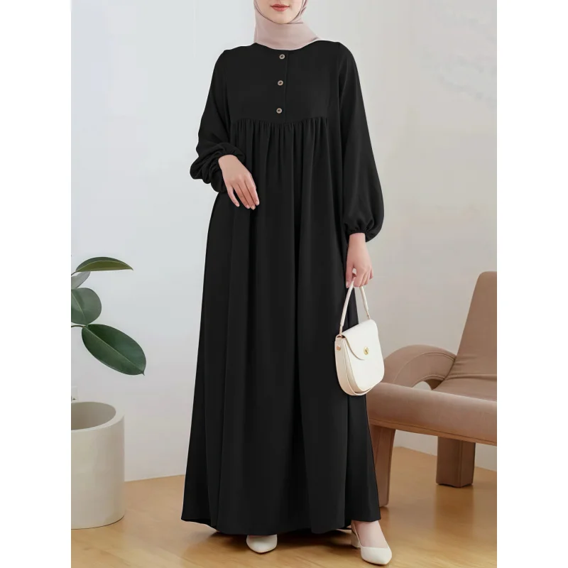 Muslim Women's Wear Skirt Fashion Casual Puff Sleeve Simple Loose Solid Color Dress
