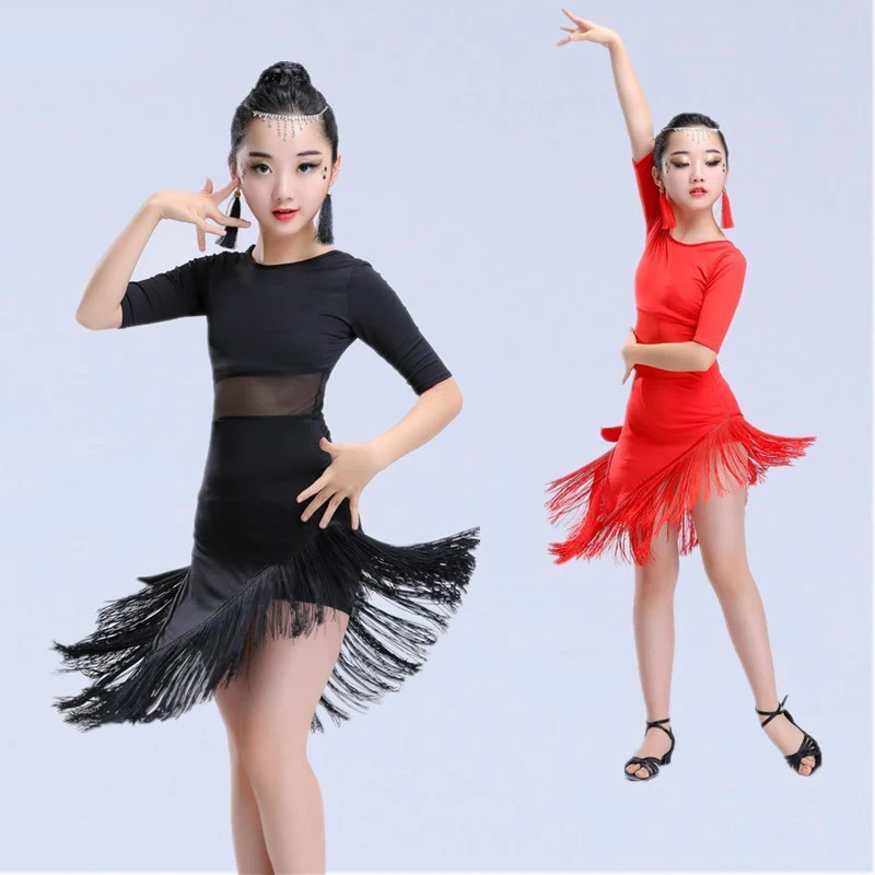 Vestido de dança latina infantil, tango e salsa, vestidos de competição profissional, roupas de salão, preto e vermelho, meninas